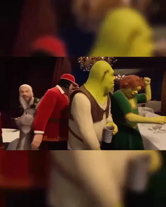 Burning Bridges AI AI party video reference: a playful ogre couple dancing in a crowded party room.